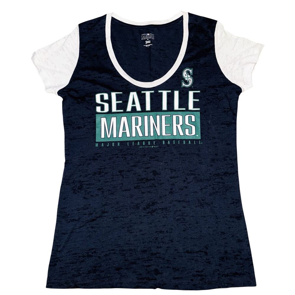 Seattle Mariners Blue White Camo Burnout Shirt Womens LG Scoop Neck Short Sleeve